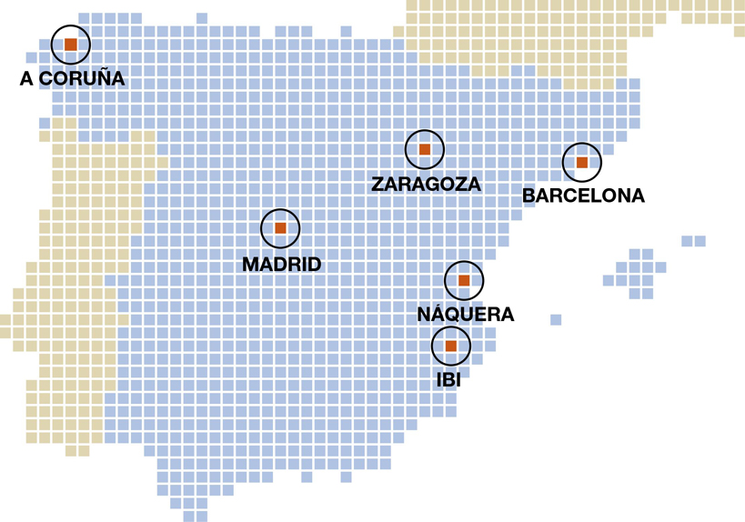 Alicante, Valencia, Madrid, Barcelona, Zaragoza, Coruña, Ibi, Alcoy, Náquera, Ribarroja, Arteixo, Comunidad Valenciana, Galicia, Cataluña, Aragón, España